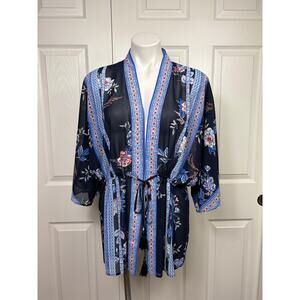 DR2 Women's Kimono Blue Boho Floral Sheer Top Size S/M NWT